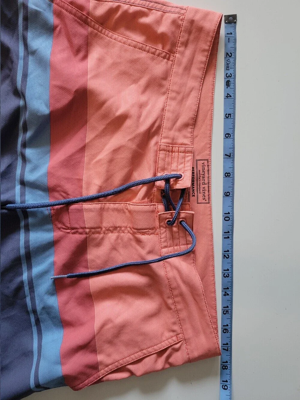 Vineyard Vines Performance Coral and Blue Stripe Board Shorts 32